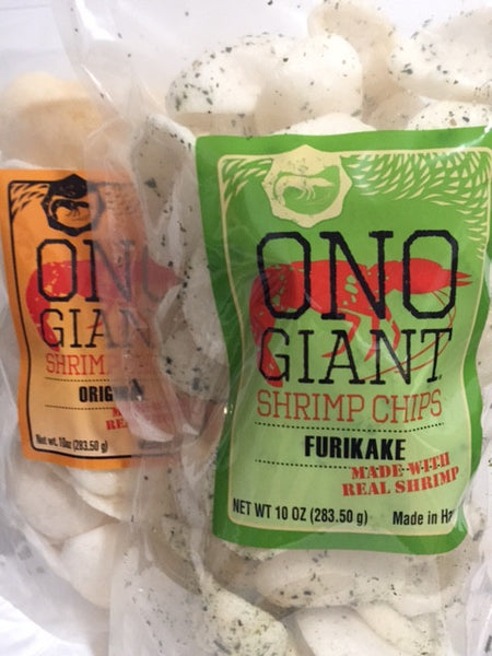 A. Two Ono Giant 10 oz shrimp chip bags - 1 Furikake & 1 Original (Shipping Included)