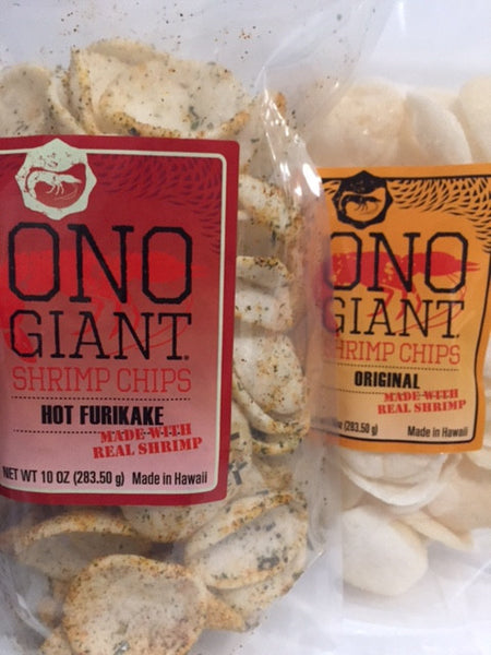 A. Two Ono Giant 10 oz shrimp chip bags - 1 Hot Furikake & 1 Original (Shipping Included)