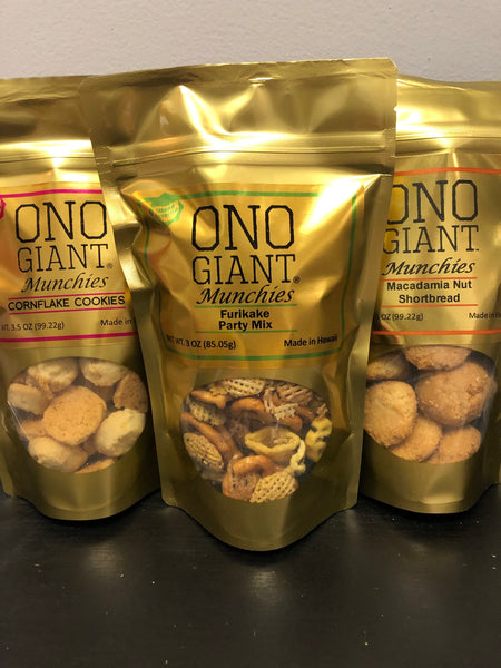 Three Ono Giant Munchies bags - Two 3.5 oz Mac Nut Shortbread & One 3.0 oz Furikake Party Mix (Shipping Included)