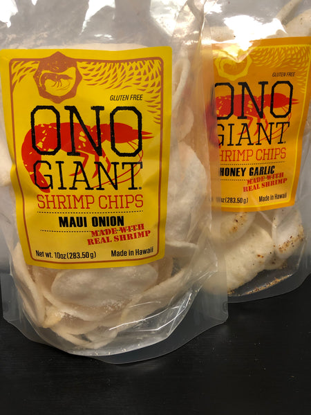 Two Ono Giant Shrimp Chips 10 oz bags - 1 Honey Garlic & 1 Maui Onion (Shipping Included)